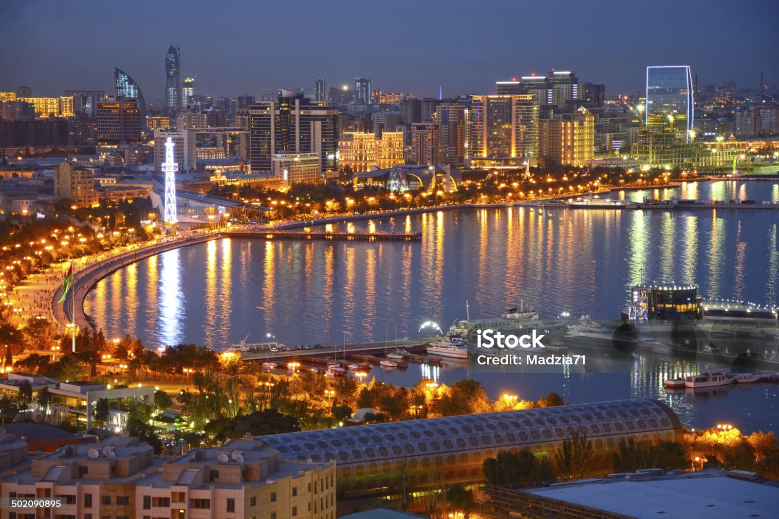 Baku (Azerbaijan) cityscape in dusk.